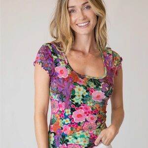 🌙NATURAL LIFE Devon "ButterSoft" Short Sleeve Top - Pink Painted Garden🌙